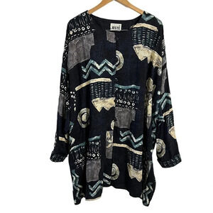 Jeste Button Up Tunic 34W Tribal Floral Beach Blue Gray White Vintage 90s Casual